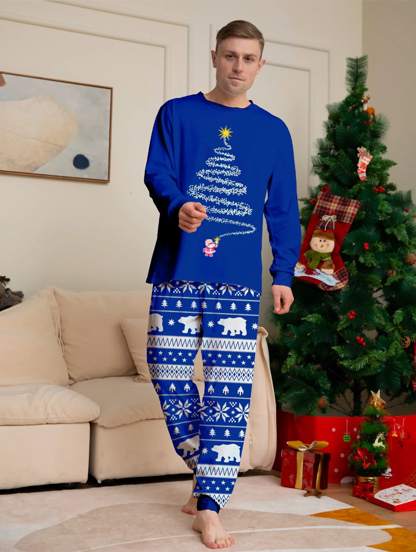 Conjunto de pijamas e calças de Natal, nova estampa, estrela, padrão completo, pai, mãe, filhos e cachorro, roupa doméstica, 2 peças, 2024