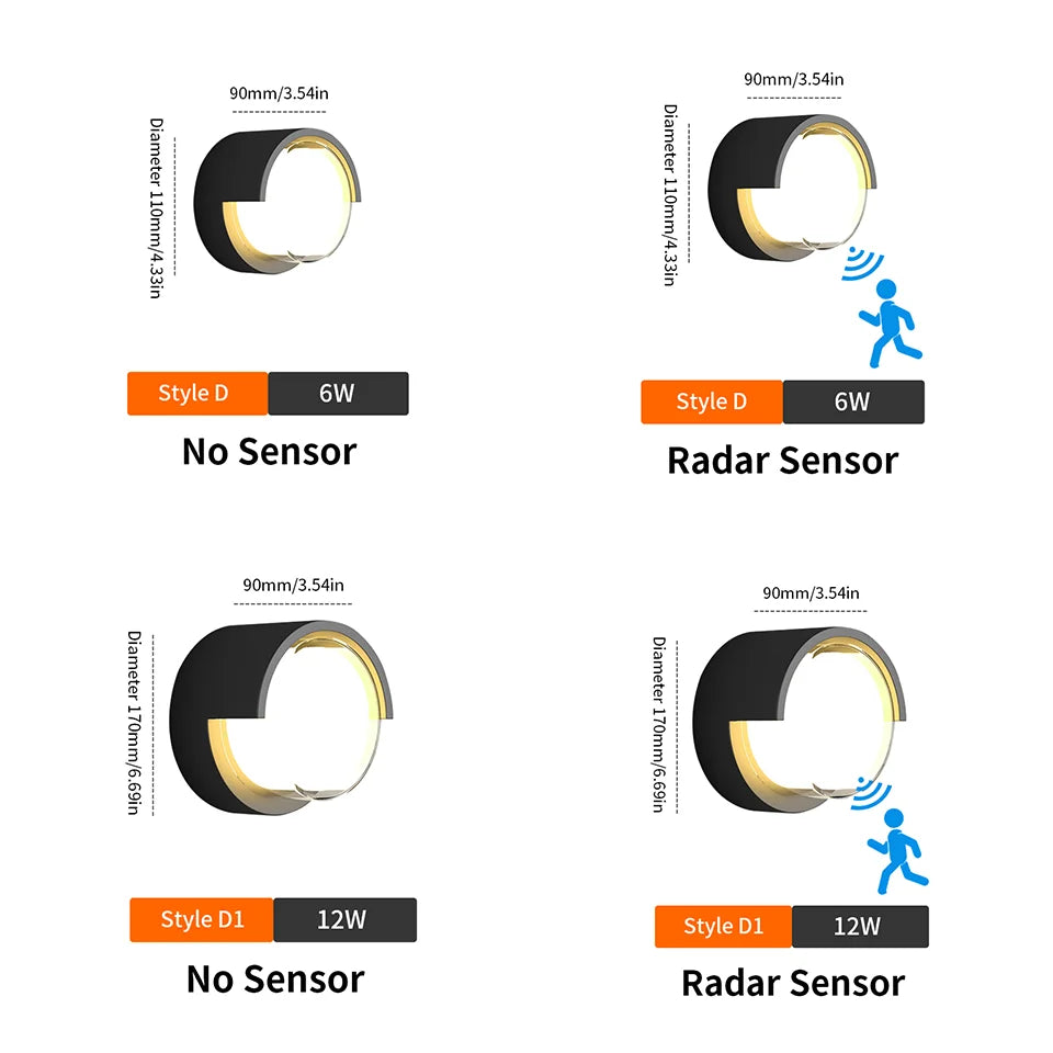 Lâmpada de parede led iluminação radar sensor movimento AC85-265V 6/12w branco quente branco frio adequado para decoração casa ao ar livre indoor