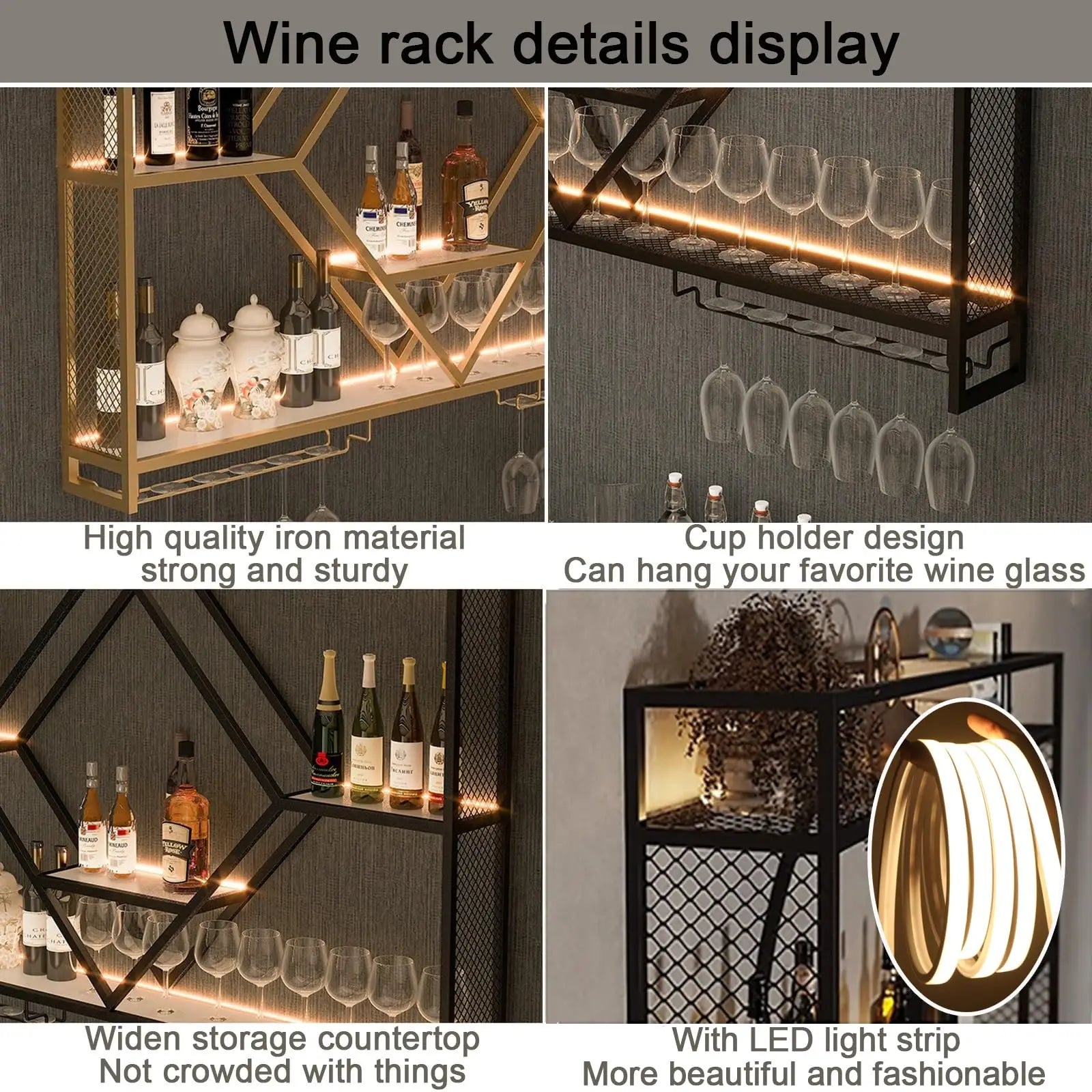 Prateleiras de parede de metal com rack de vinho, suporte de armazenamento de garrafas de licor para cozinha, sala de jantar ou decoração de bar doméstico