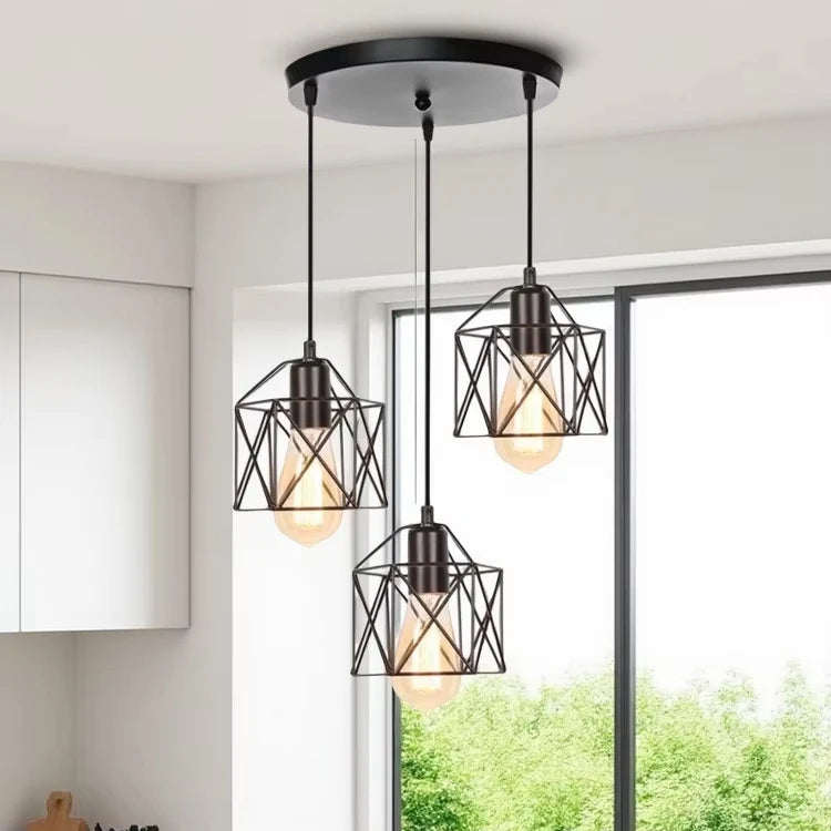 Lâmpada de teto industrial vintage preta de 3 luzes – luminária pendente semi-embutida ajustável para sala de jantar/sala de estar