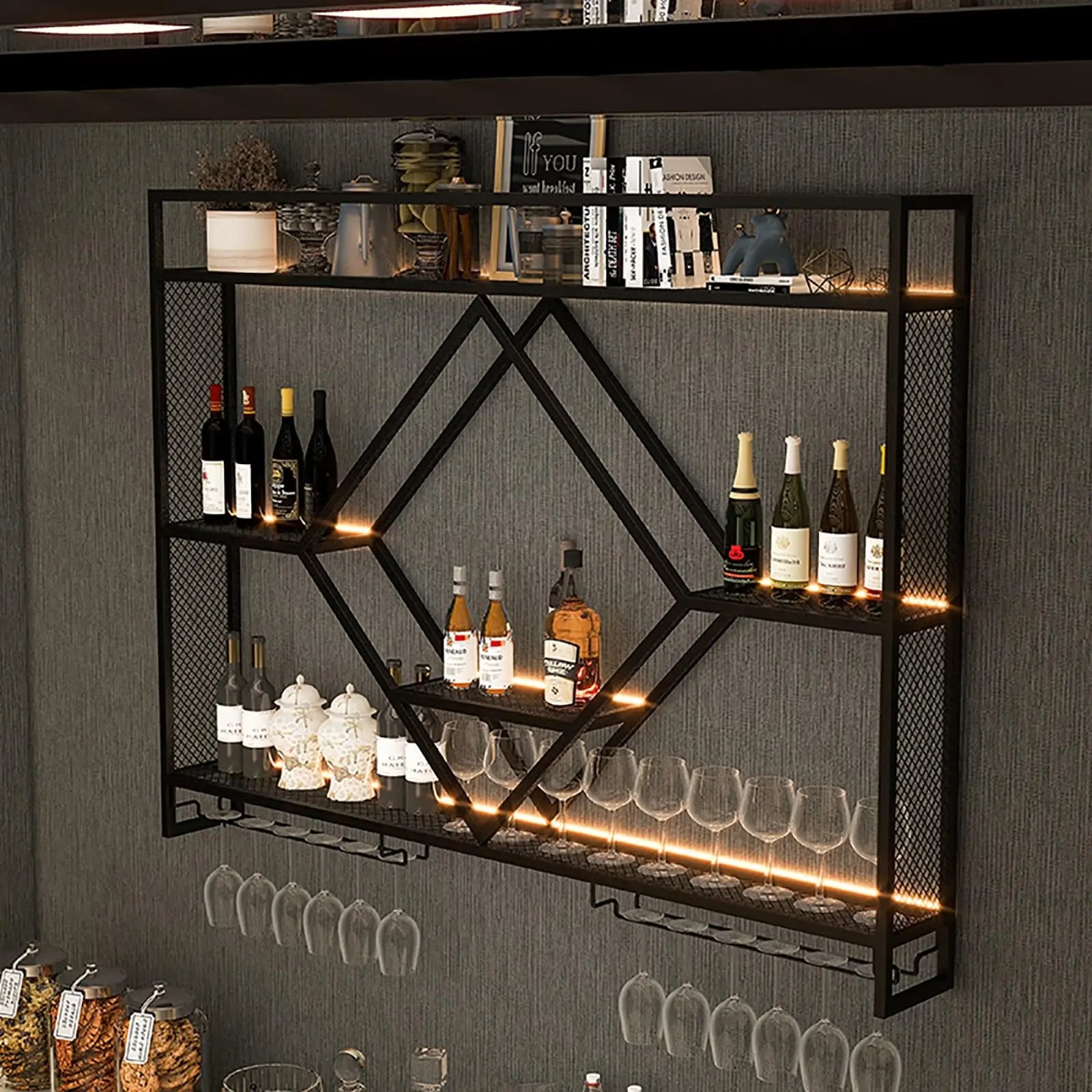 Prateleiras de parede de metal com rack de vinho, suporte de armazenamento de garrafas de licor para cozinha, sala de jantar ou decoração de bar doméstico