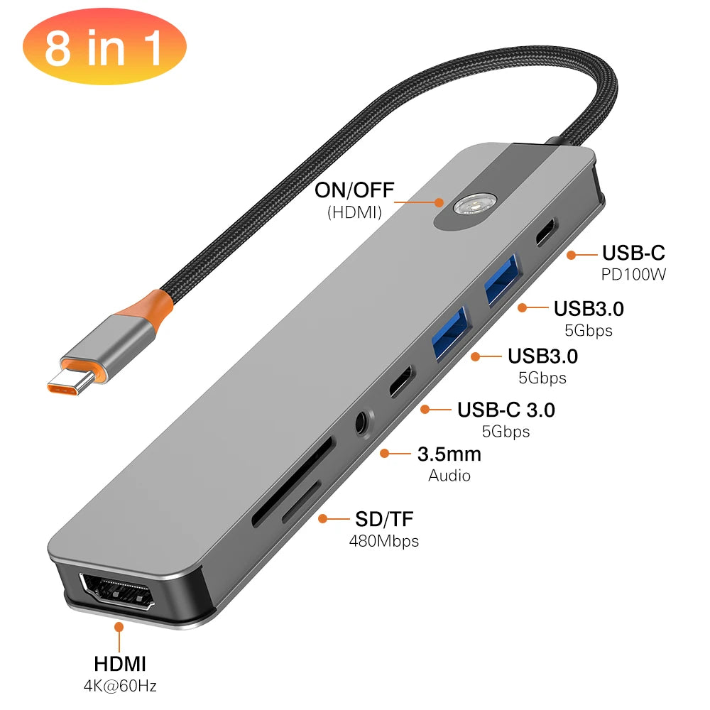 5/8 em 1 usb c para hdmi-adaptador 4k 60hz tipo c divisor usb3.0/3.1 hub docking station pd sd tf 3.5mm para portátil ipad