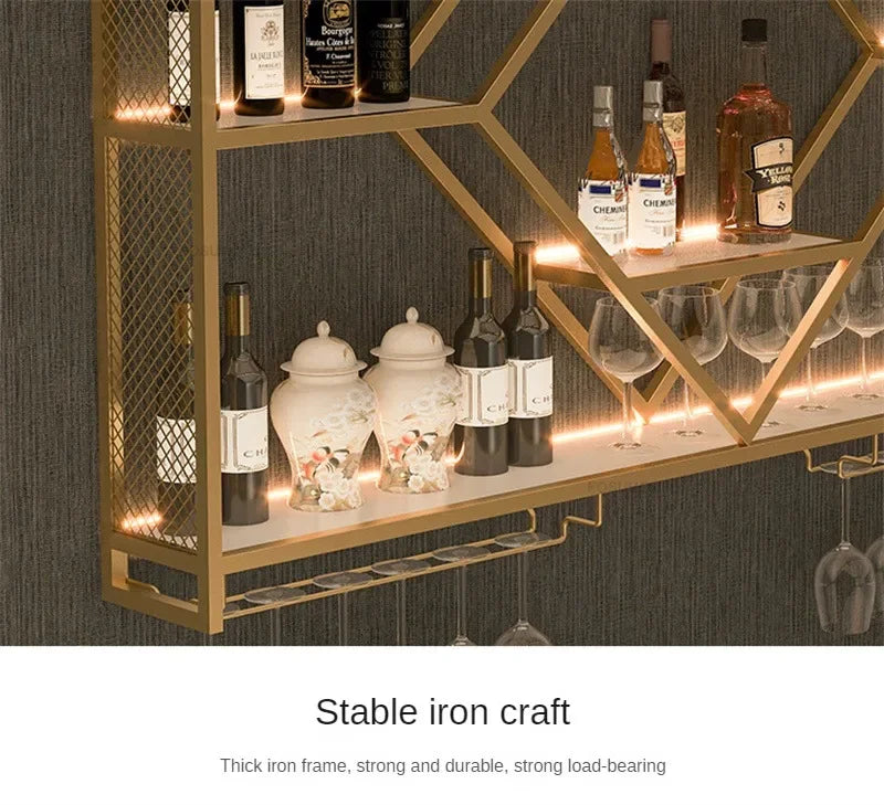 Prateleiras de parede de metal com rack de vinho, suporte de armazenamento de garrafas de licor para cozinha, sala de jantar ou decoração de bar doméstico