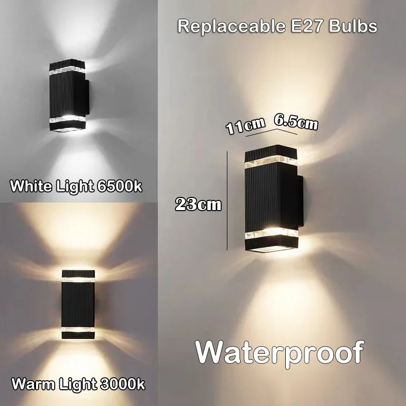 Led luzes de parede ao ar livre e27 para cima para baixo arandela exterior ip65 à prova dip65 água led arandela lâmpada para varanda porta da frente jardim lâmpada parede