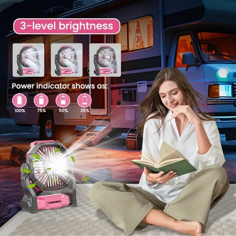 Carregamento + Iluminação + Ventilador Ventilador elétrico três em um estilo acampamento com lanterna LED Ventilador portátil para barraca com função rotativa, função de fonte de alimentação de emergência ao queda