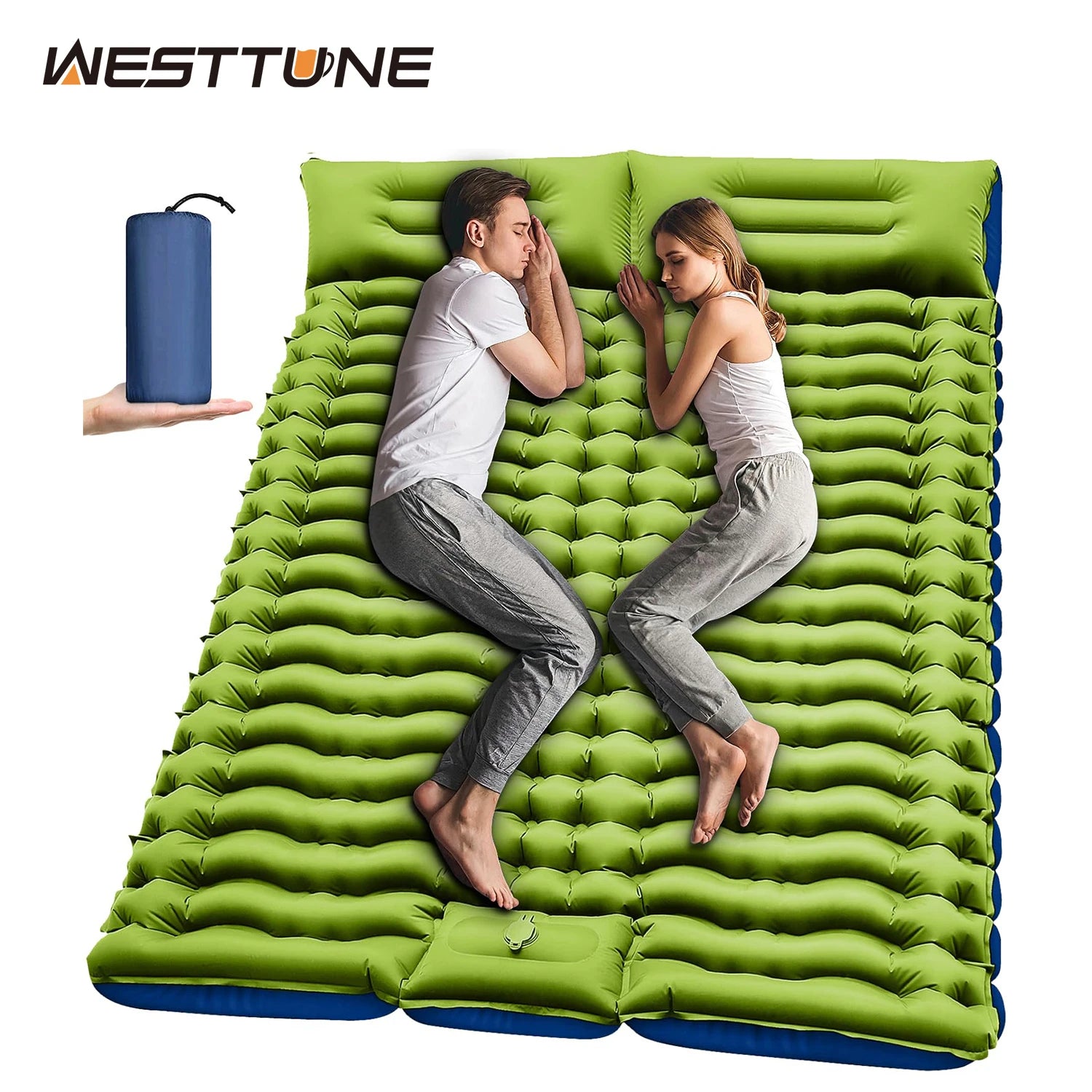 WESTTUNE-Almofada de dormir dupla para mochila e caminhadas, colchão inflável com travesseiro, bomba de pé embutida, grossa, 2 pessoas, 4"