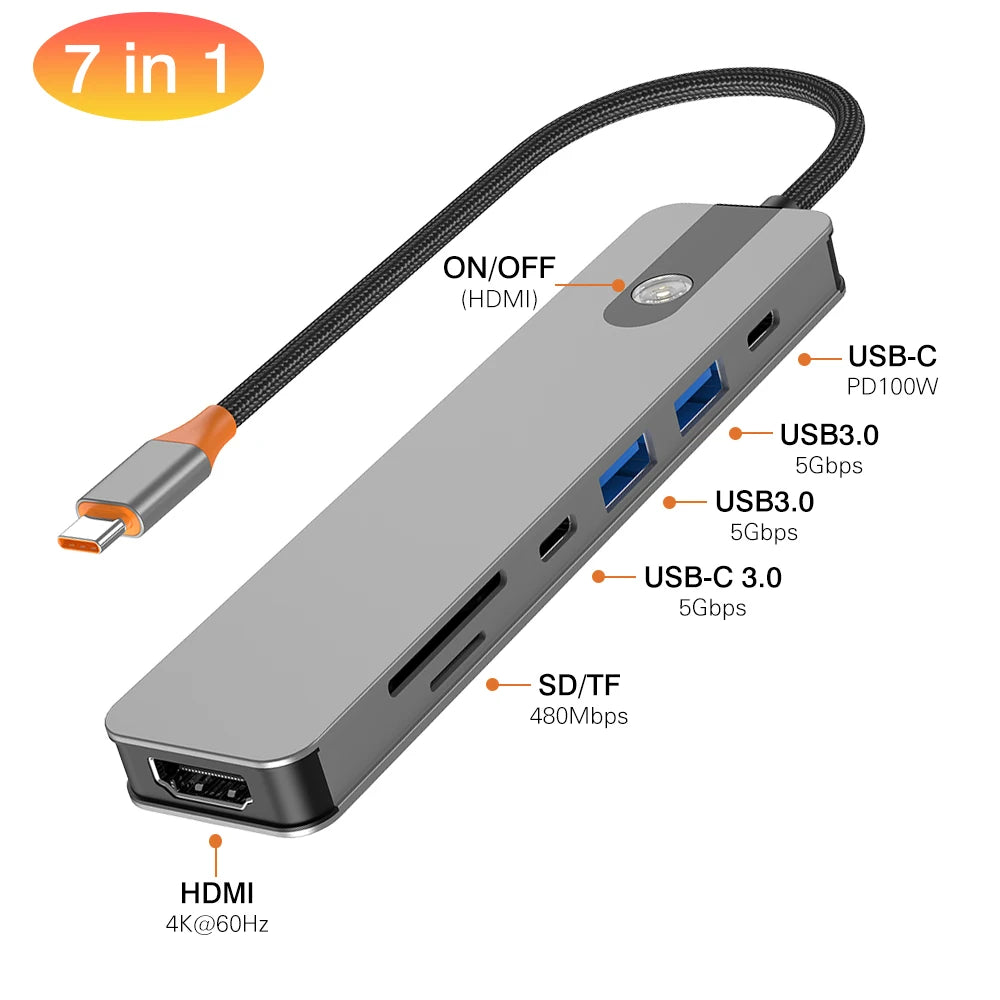 5/8 em 1 usb c para hdmi-adaptador 4k 60hz tipo c divisor usb3.0/3.1 hub docking station pd sd tf 3.5mm para portátil ipad