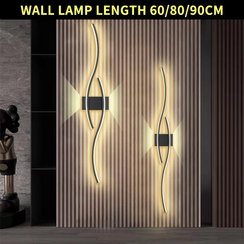 Moderno led tira lâmpada de parede dupla curva controle remoto luz cabeceira decoração preto ouro arandelas sala estar quarto led fixtu