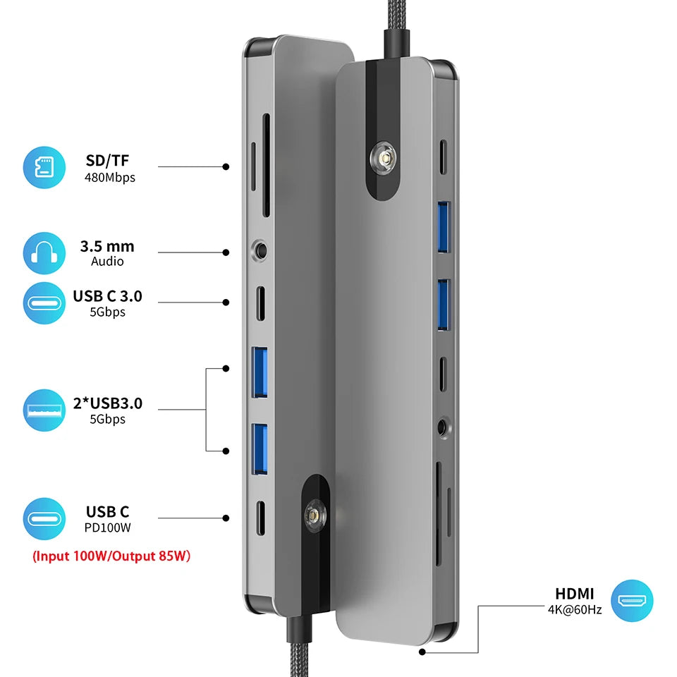 5/8 em 1 usb c para hdmi-adaptador 4k 60hz tipo c divisor usb3.0/3.1 hub docking station pd sd tf 3.5mm para portátil ipad