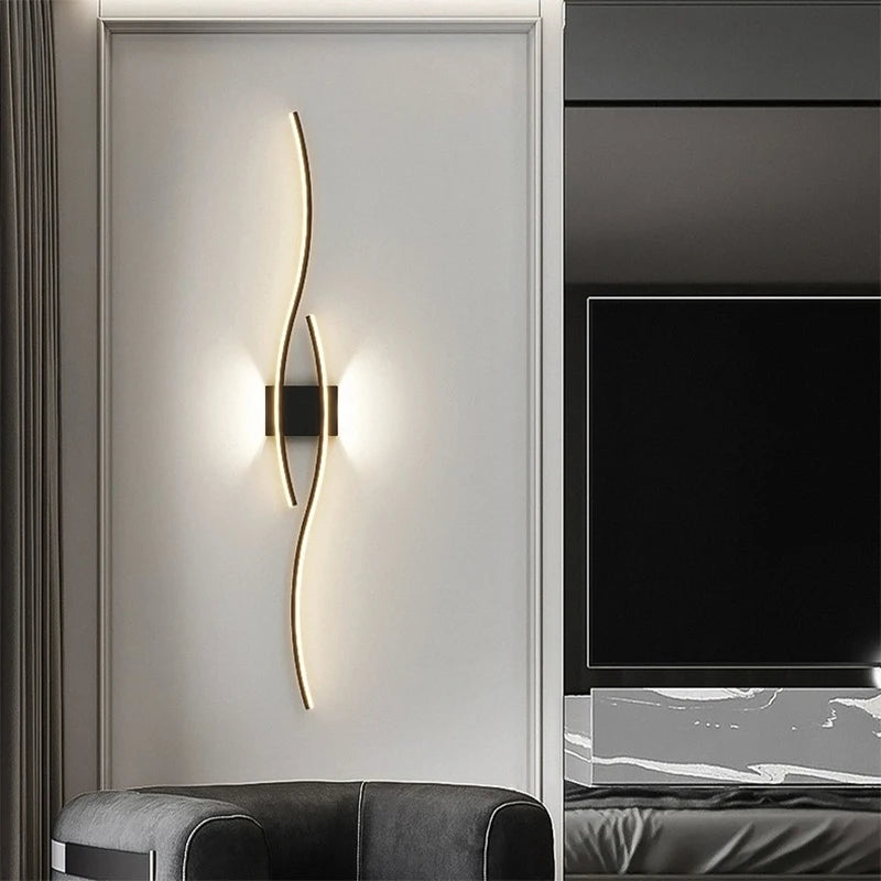 Moderno led tira lâmpada de parede dupla curva controle remoto luz cabeceira decoração preto ouro arandelas sala estar quarto led fixtu