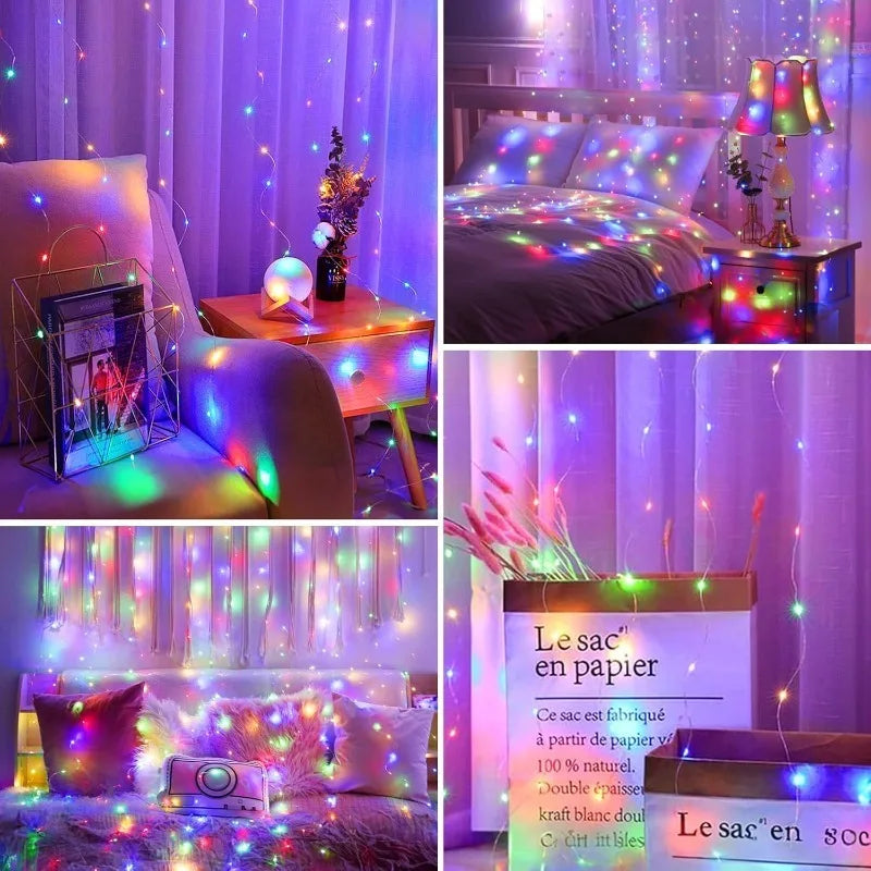 Cortina de luzes de fadas LED alimentada por USB com controle remoto 8 modos - Natal Ano Novo Casamento Festa de Halloween Decoração de casa Luz de corda