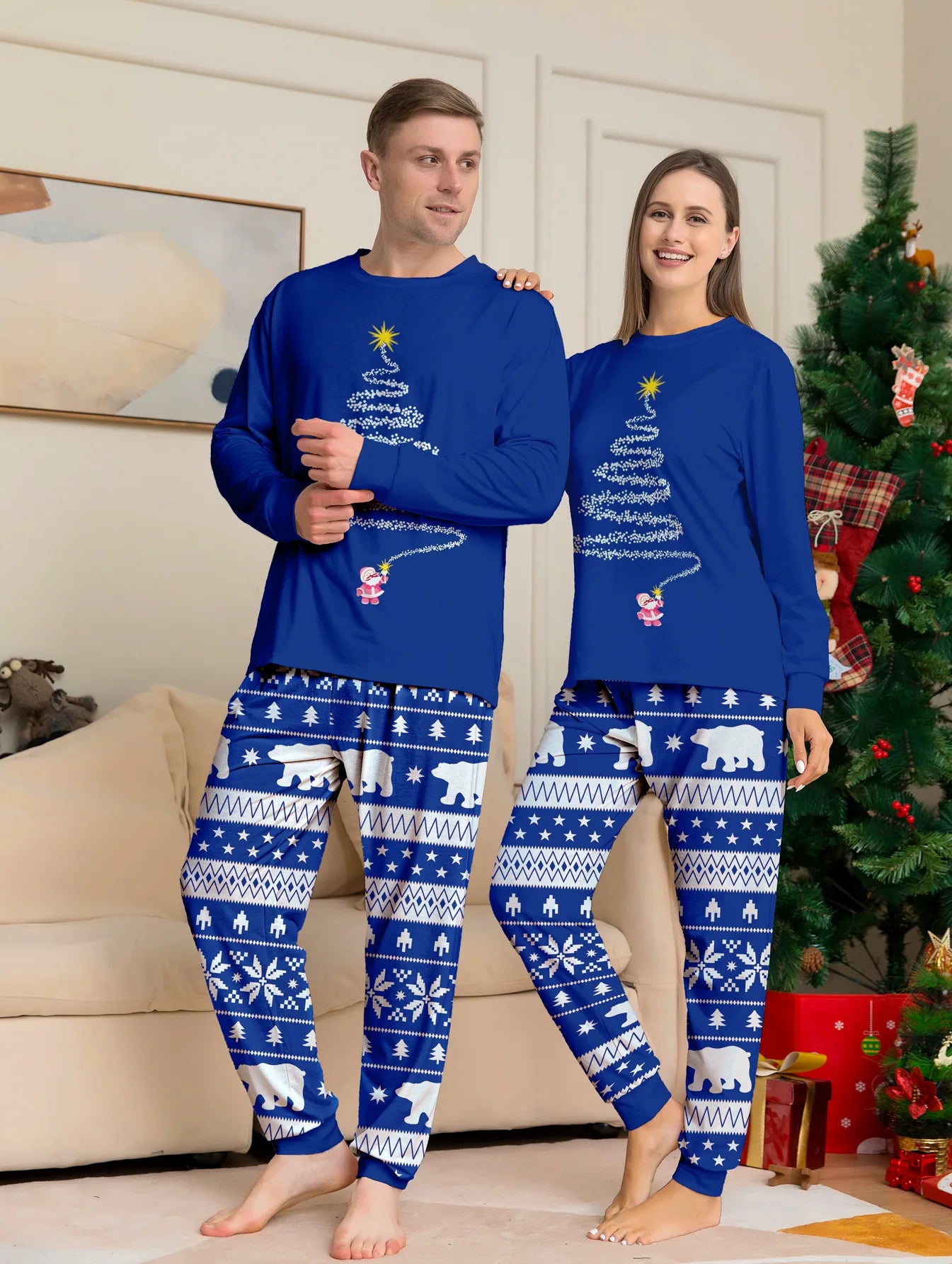 Conjunto de pijamas e calças de Natal, nova estampa, estrela, padrão completo, pai, mãe, filhos e cachorro, roupa doméstica, 2 peças, 2024