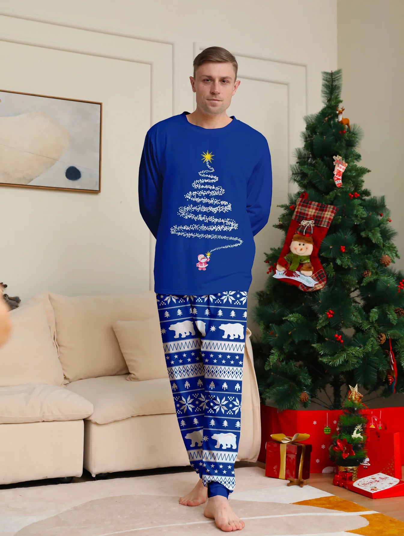Conjunto de pijamas e calças de Natal, nova estampa, estrela, padrão completo, pai, mãe, filhos e cachorro, roupa doméstica, 2 peças, 2024
