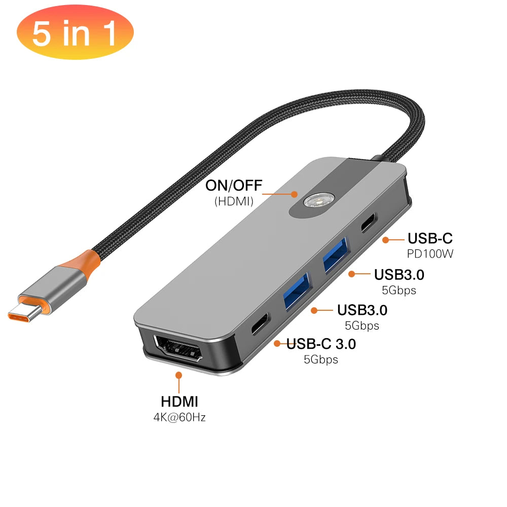 5/8 em 1 usb c para hdmi-adaptador 4k 60hz tipo c divisor usb3.0/3.1 hub docking station pd sd tf 3.5mm para portátil ipad