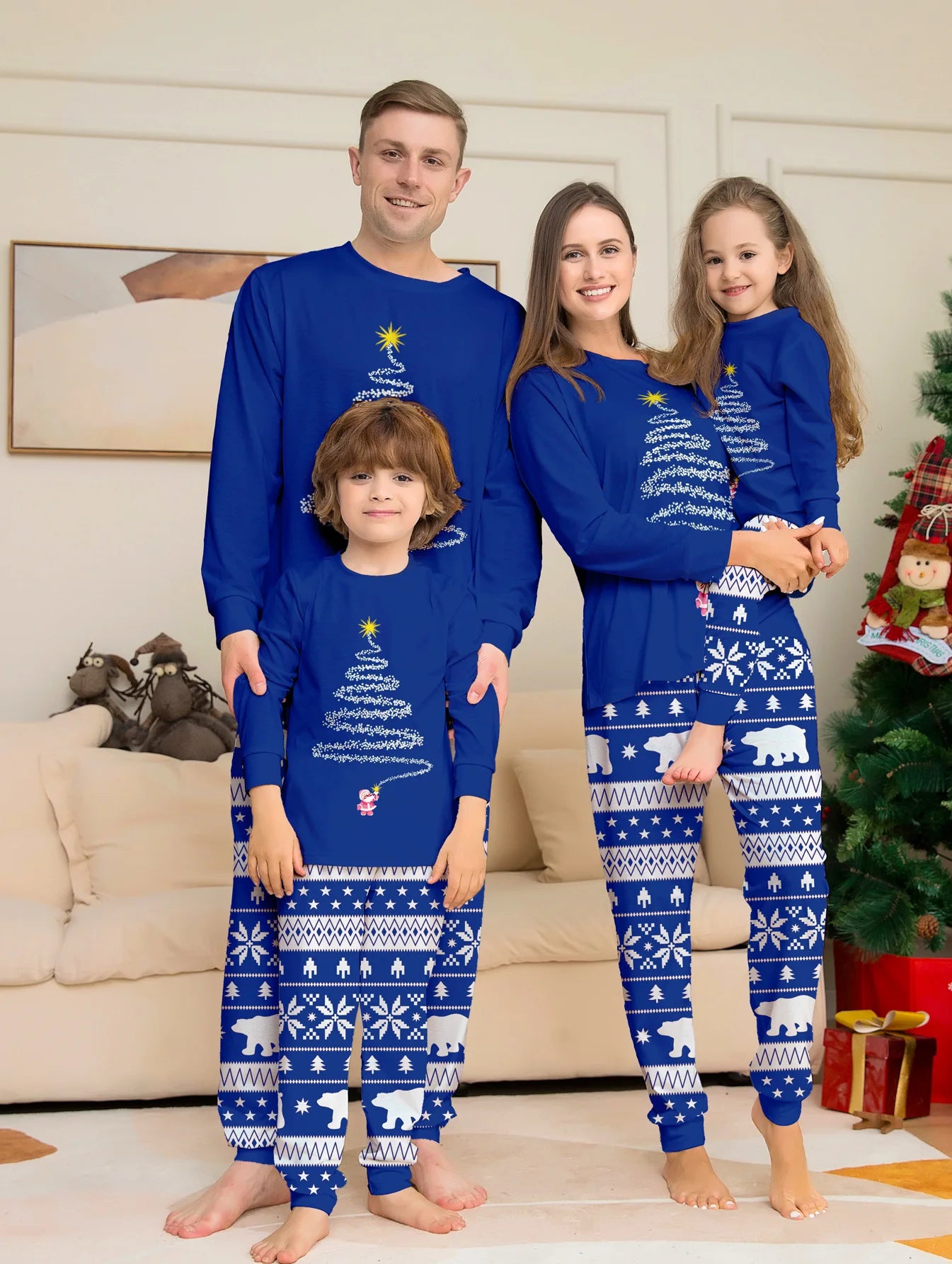 Conjunto de pijamas e calças de Natal, nova estampa, estrela, padrão completo, pai, mãe, filhos e cachorro, roupa doméstica, 2 peças, 2024