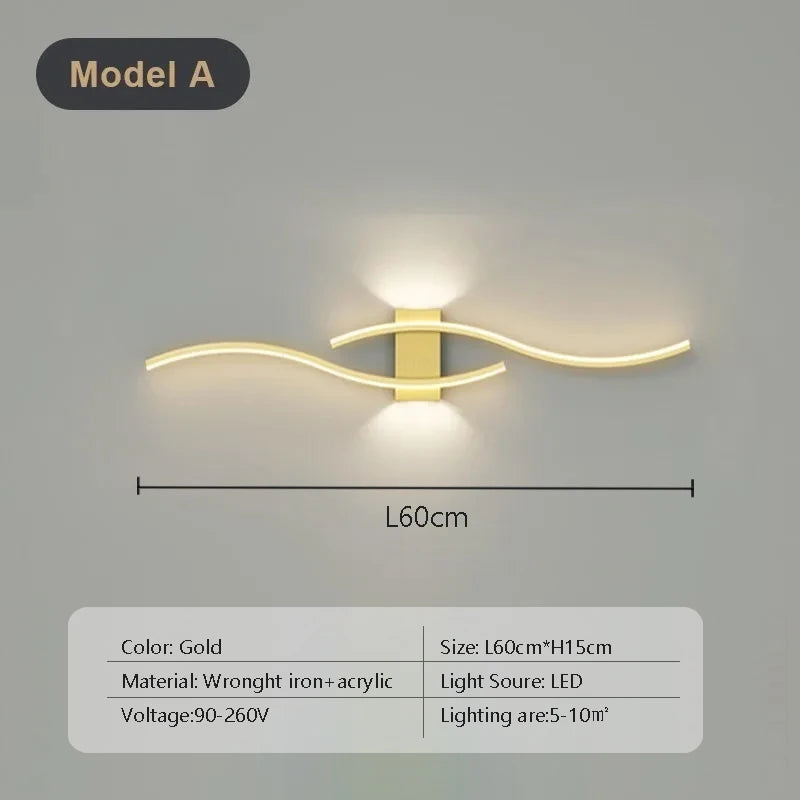 Moderno led tira lâmpada de parede dupla curva controle remoto luz cabeceira decoração preto ouro arandelas sala estar quarto led fixtu