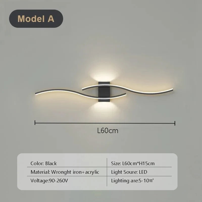 Moderno led tira lâmpada de parede dupla curva controle remoto luz cabeceira decoração preto ouro arandelas sala estar quarto led fixtu