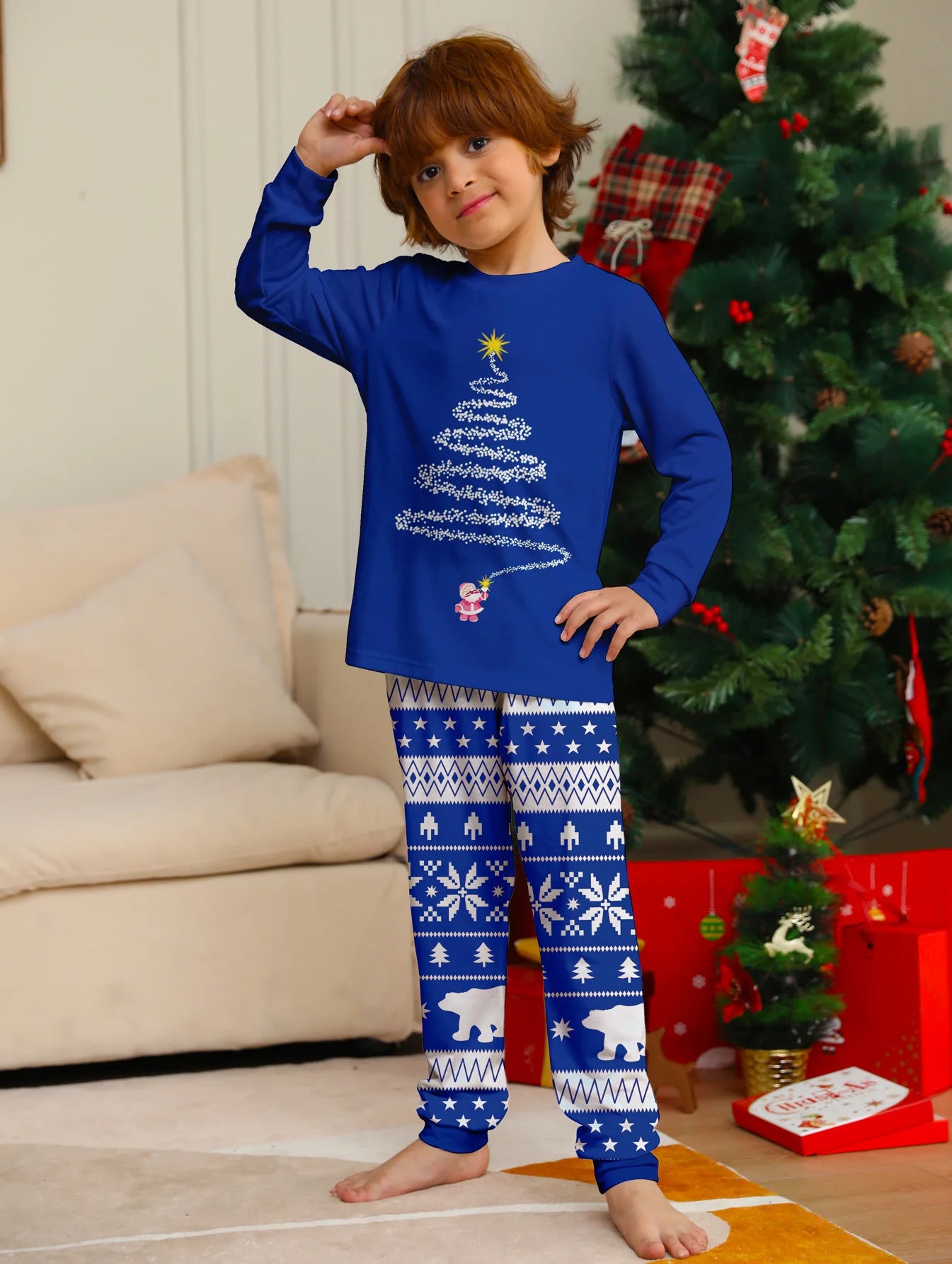 Conjunto de pijamas e calças de Natal, nova estampa, estrela, padrão completo, pai, mãe, filhos e cachorro, roupa doméstica, 2 peças, 2024