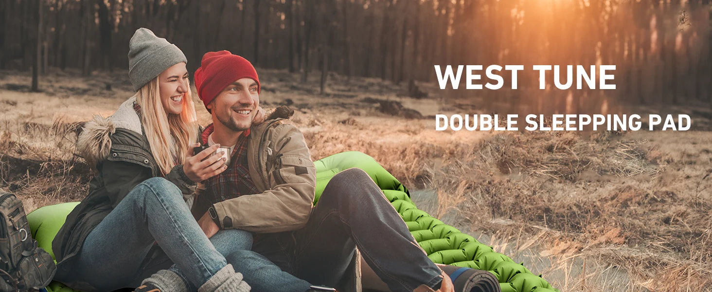 WESTTUNE-Almofada de dormir dupla para mochila e caminhadas, colchão inflável com travesseiro, bomba de pé embutida, grossa, 2 pessoas, 4"