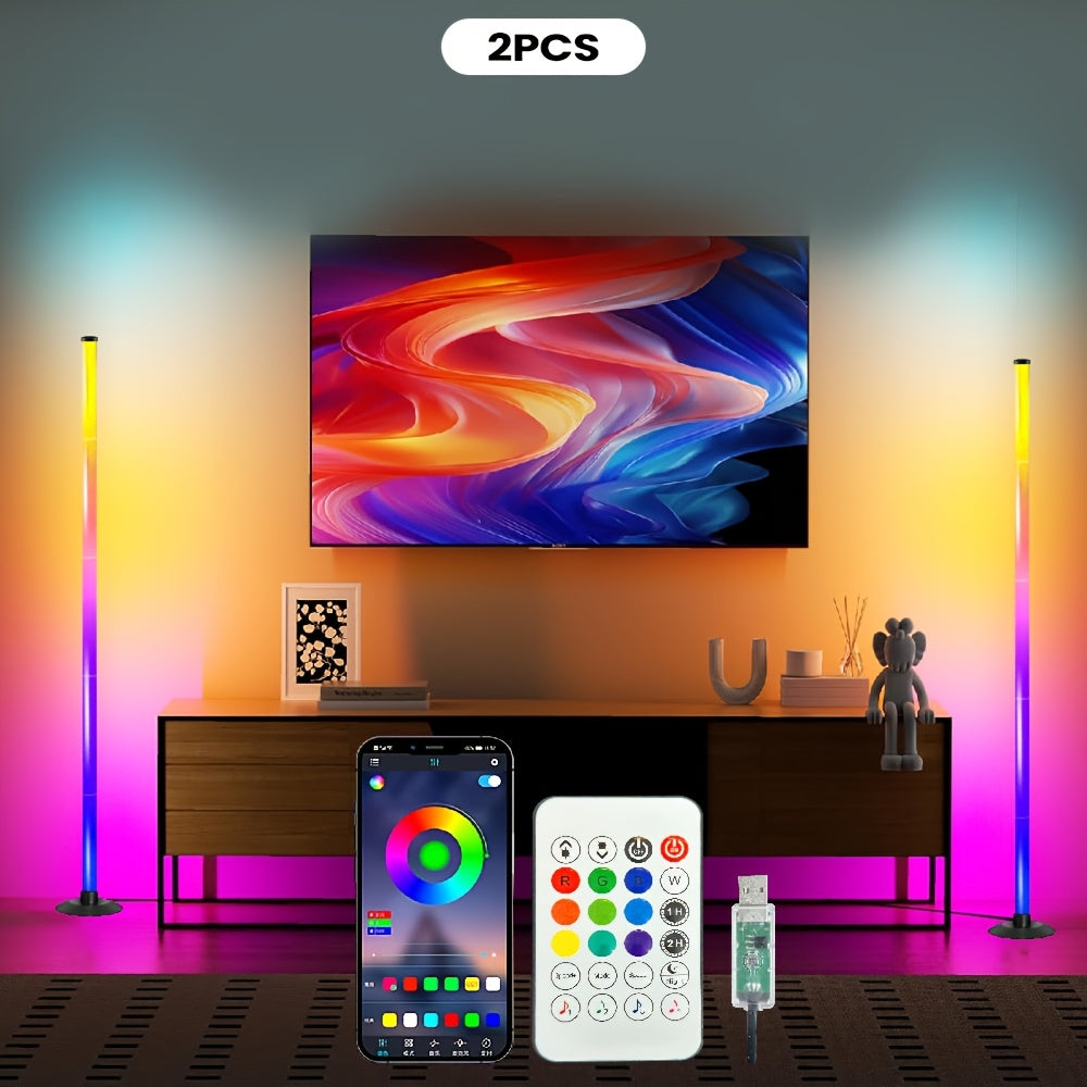 2pcs RGB IC LED Corner Floor Lamp with Remote Control, 1600 Color Tones, 68 Dynamic Scenes,  Game Room & E-reader, Durable & Sturdy
