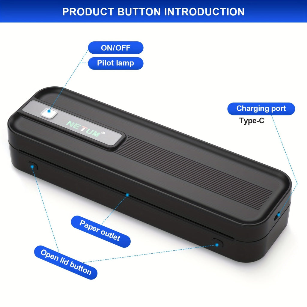 NETUM A4 Portable Thermal Printer - Wireless and USB Connection, Multi-Size Printing, Roll/Fold Paper Compatible, Ink-Free Monochrome Output, Supports PDF/Word/Excel/JPG, 203dpi High Definition Print, Built-in 2600mAh Recharg