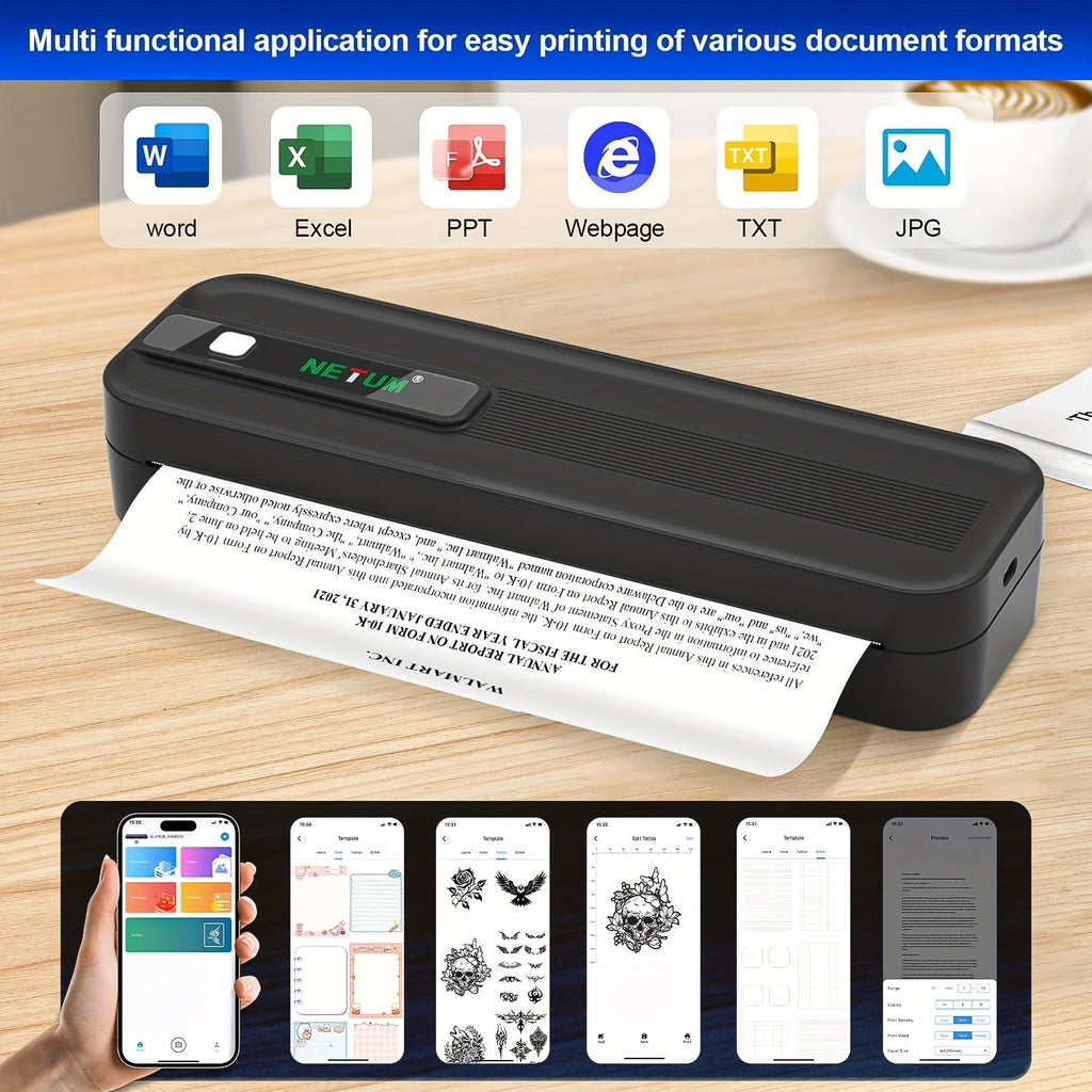 NETUM A4 Portable Thermal Printer - Wireless and USB Connection, Multi-Size Printing, Roll/Fold Paper Compatible, Ink-Free Monochrome Output, Supports PDF/Word/Excel/JPG, 203dpi High Definition Print, Built-in 2600mAh Recharg