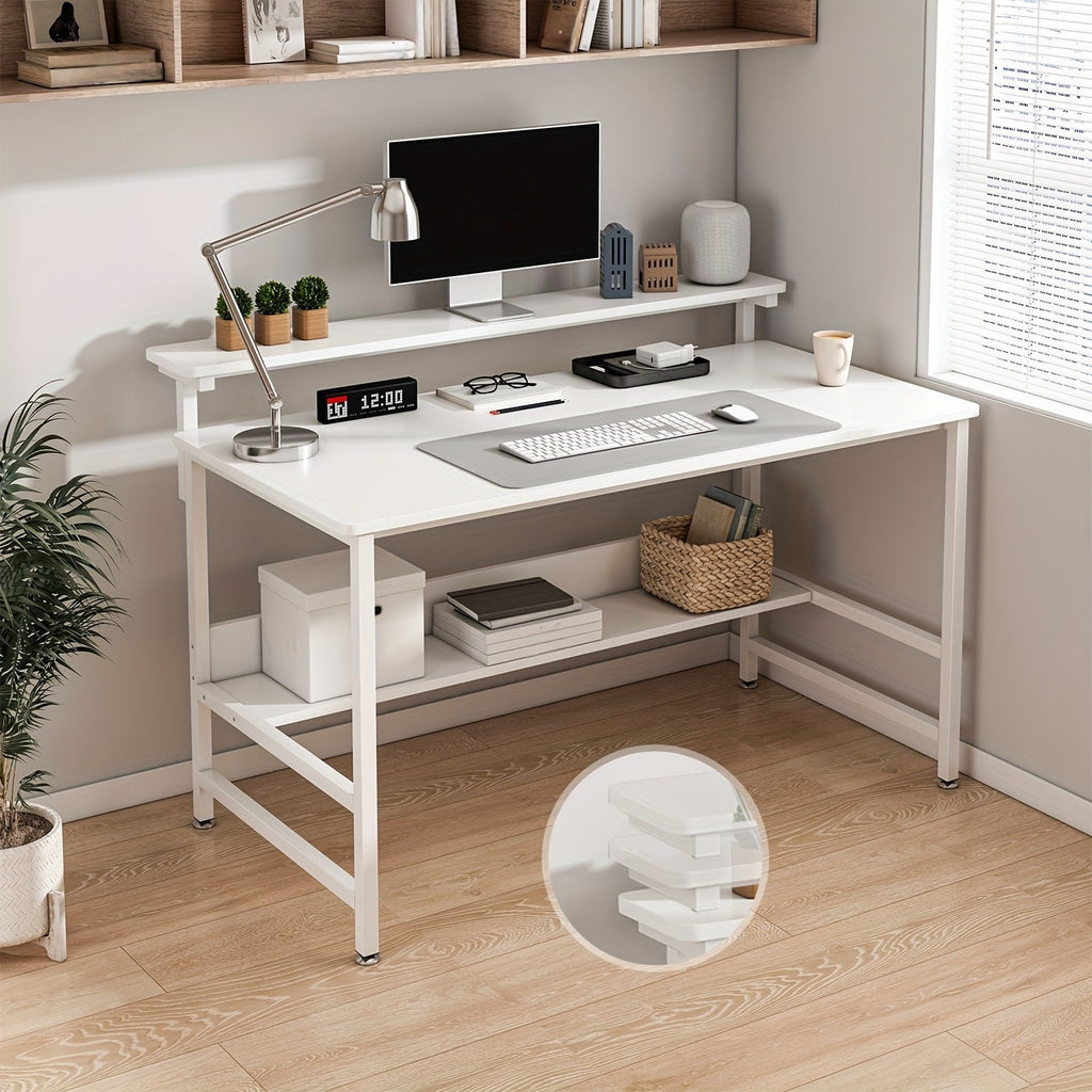 LAFULAIFU Gaming Desk with Double Layer Metal Frame Office Table Carbon Fiber Surface 3 Heights Adjustable Monitor Rack Study Desk Ergonomic Table with Storage Tier 110*45*75cm
