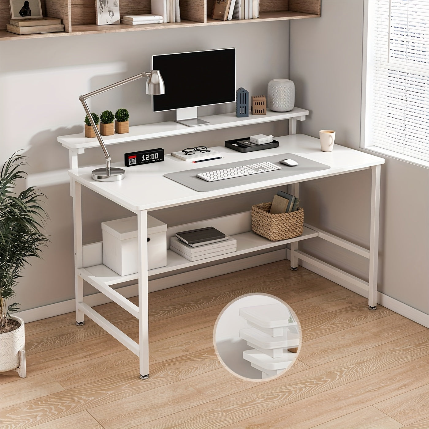 LAFULAIFU Gaming Desk with Double Layer Metal Frame Office Table Carbon Fiber Surface 3 Heights Adjustable Monitor Rack Study Desk Ergonomic Table with Storage Tier 110*45*75cm