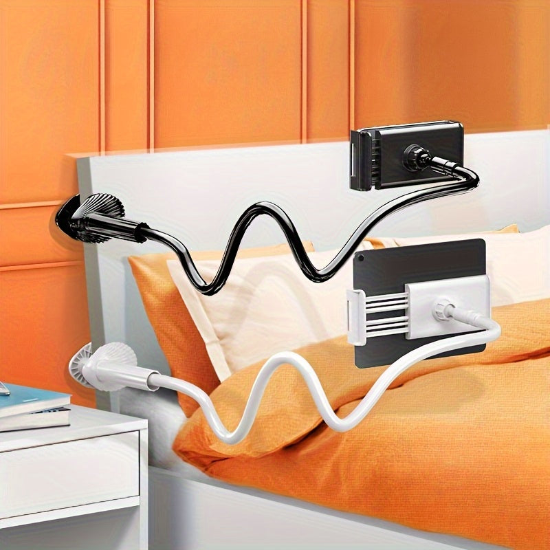 Black and white thick flexible gooseneck tablet and phone stands clamped to a bed headboard and nightstand.