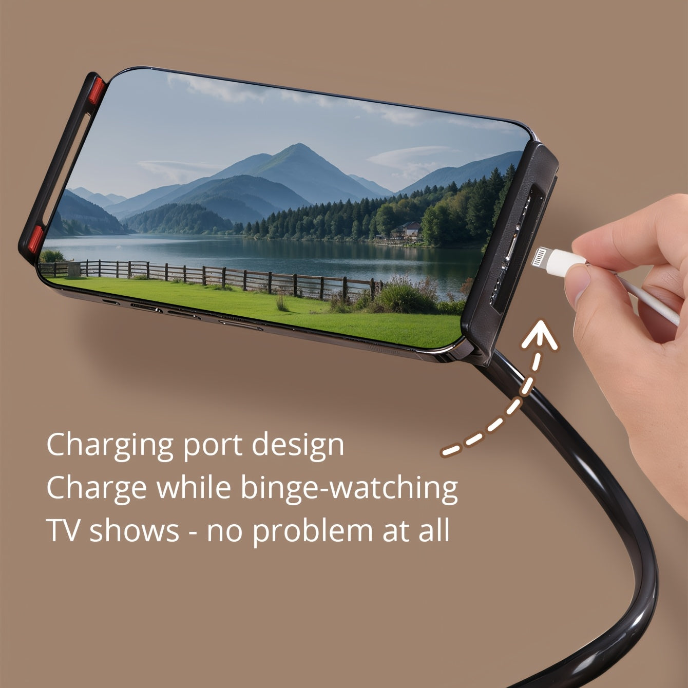 Black flexible phone holder securely clamps a smartphone while a hand plugs in a white charging cable.