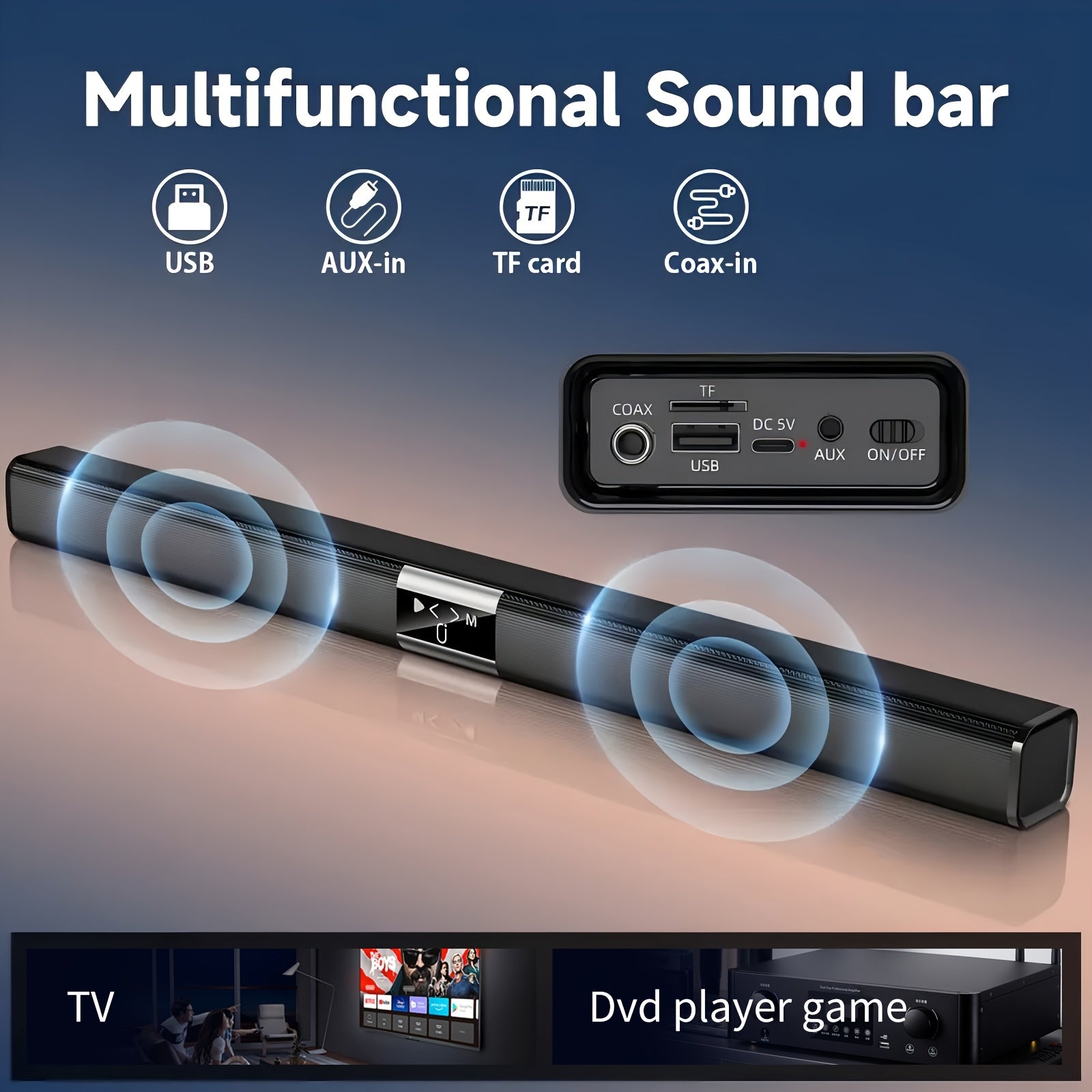 3D Home Theater Wireless Soundbar TV Speaker, Stereo, High Quality, USB/TF Card/Coaxial, Wireless/Wired, with USB Type-C Port, 18650 Rechargeable Lithium Battery (Charger Not Included), Compatible with TV, DVD Player, Music P