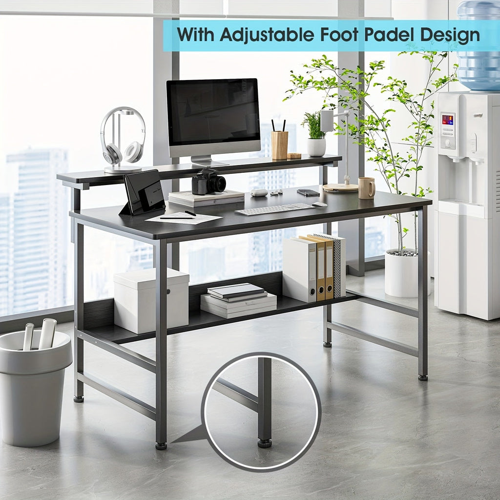 LAFULAIFU Gaming Desk with Double Layer Metal Frame Office Table Carbon Fiber Surface 3 Heights Adjustable Monitor Rack Study Desk Ergonomic Table with Storage Tier 110*45*75cm