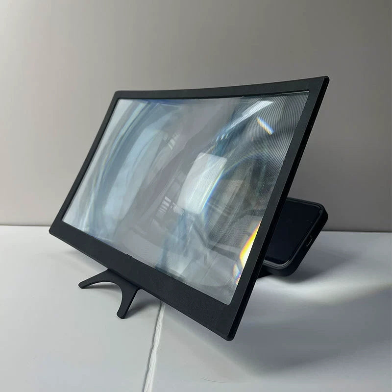 Black plastic curved screen magnifier with a sleek frame and integrated stand, designed for enhanced smartphone viewing.