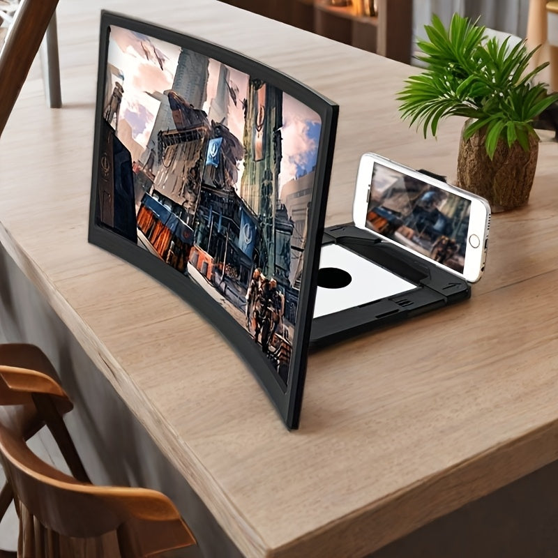 Black 12-inch curved screen magnifier and foldable phone stand displaying a magnified game from a white smartphone on a wooden table.