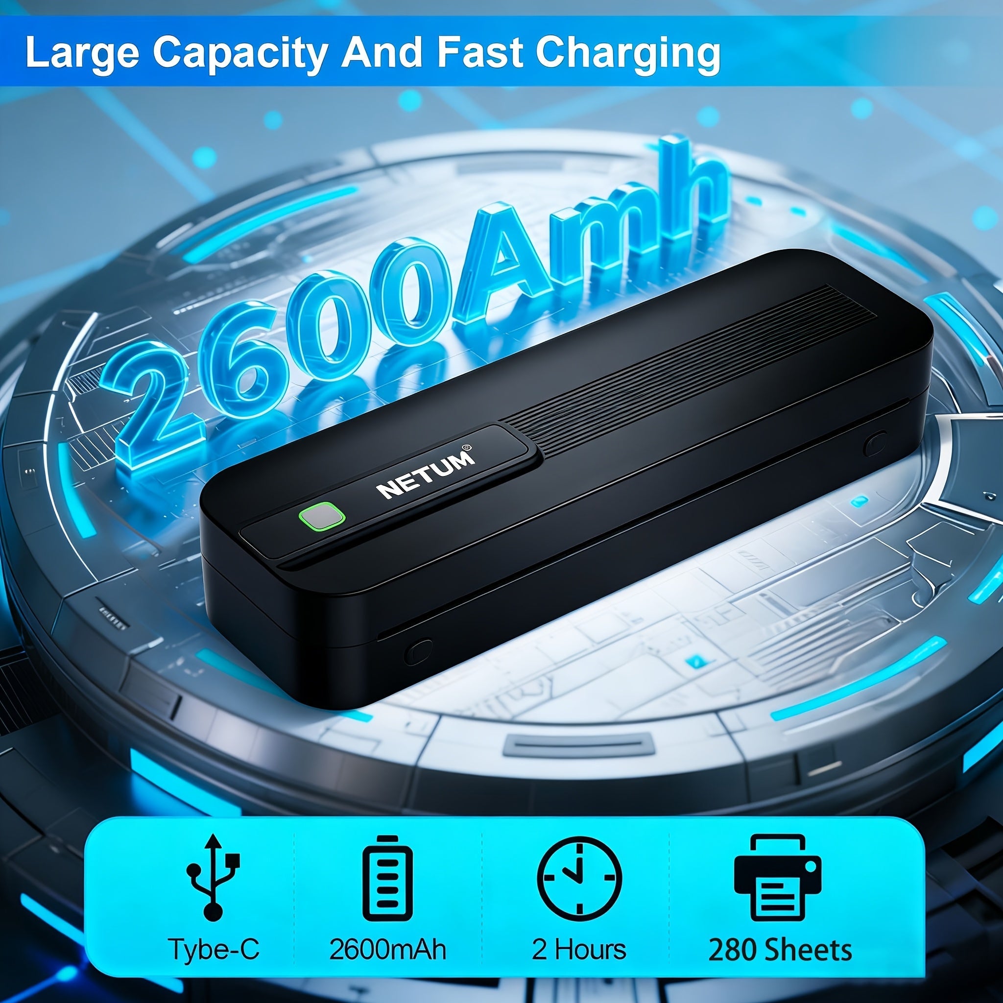 NETUM A4 Portable Thermal Printer - Wireless and USB Connection, Multi-Size Printing, Roll/Fold Paper Compatible, Ink-Free Monochrome Output, Supports PDF/Word/Excel/JPG, 203dpi High Definition Print, Built-in 2600mAh Recharg