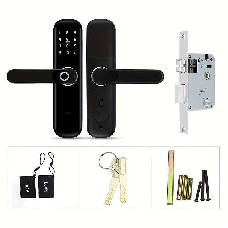 A Smart Door Lock with Five Unlocking Methods (Code, Fingerprint, Key, APP, RFID Card), a Fingerprint Door Lock, a Keyless Entry Lock with a Keypad, an App-Controlled TT Lock, Featuring NFC And a Reversible Handle, Suitable f