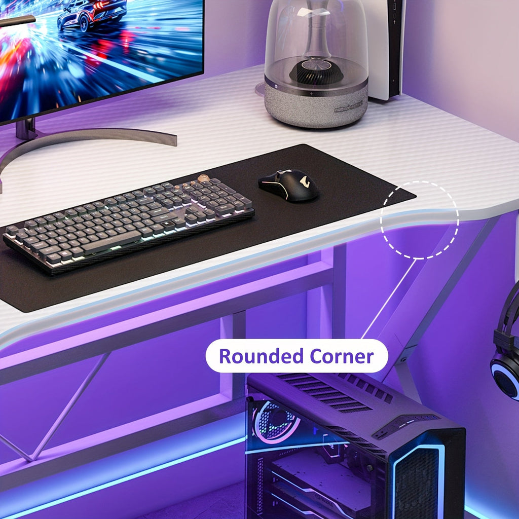 LAFULAIFU Computer Table - 110Cm/140Cm Desk Designed for Computers, Featuring a Headphone Hook And Cup Holder. It Boasts a Robust Metal And Wood Build, with a Modern Gaming Style Available in White Or Black
