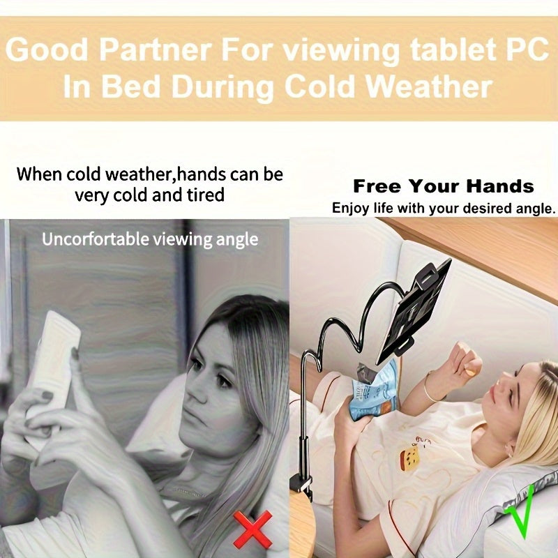 Black flexible gooseneck tablet and phone stand clamped to a bedside table, offering hands-free viewing in bed.