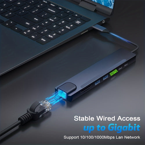 8-in-1 USB-C Hub, 4K HDTV, 100Mbps Ethernet Multi-Port Hub, 5Gbps USB-C and 2 USB-A Data Ports, PD 100W Charging, SD/TF Card Reader, LED Indicator, Compatible with MacBook, Dell, HP, Surface