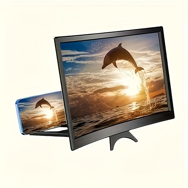 Black curved screen smartphone magnifier with a stable stand, displaying a vibrant dolphin sunset. Offers blue light protection.