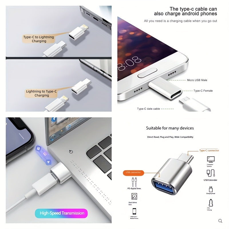 8pcs USB Type-C Adapter Set | USB-C to Lightning, Micro USB to USB-C, USB OTG, USB-C Male to USB 3.0 Female Adapters for Quick Charging and Data Transfer on Laptops and Phones