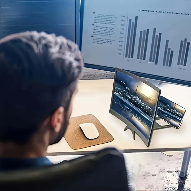 Dark, high-definition curved screen magnifier for smartphones with a stand, on a light desk.
