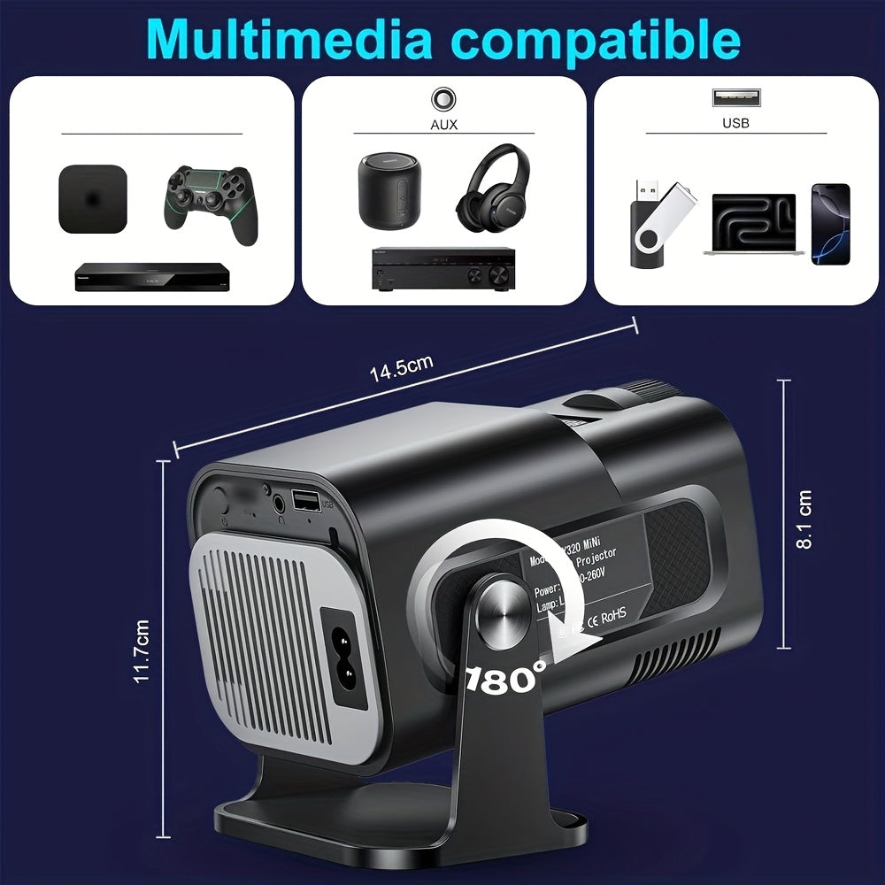 [Ultra HD 4K Support] HY320mini, Smart 1080P Projector with WiFi6 and Wireless, 300ANSI Movie Projector, Built-in Speaker Projector, Built-in Android System, 180° Rotatable, with Remote Control, Compatible with Smartphones,