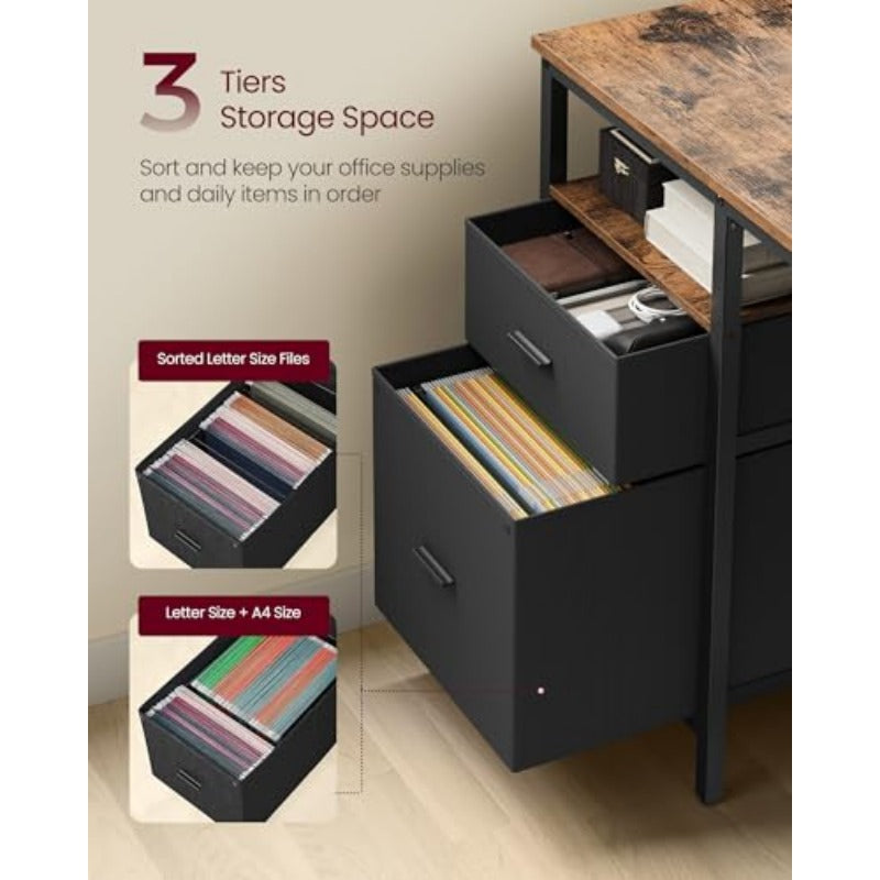 Modern Industrial Computer Desk with Storage - Rustic Brown & Black Table, 3-Shelf & 2-Drawer Storage, Sturdy Chipboard & Frame, Assembly Office Desk Suitable for Living Room, Computer Workstation