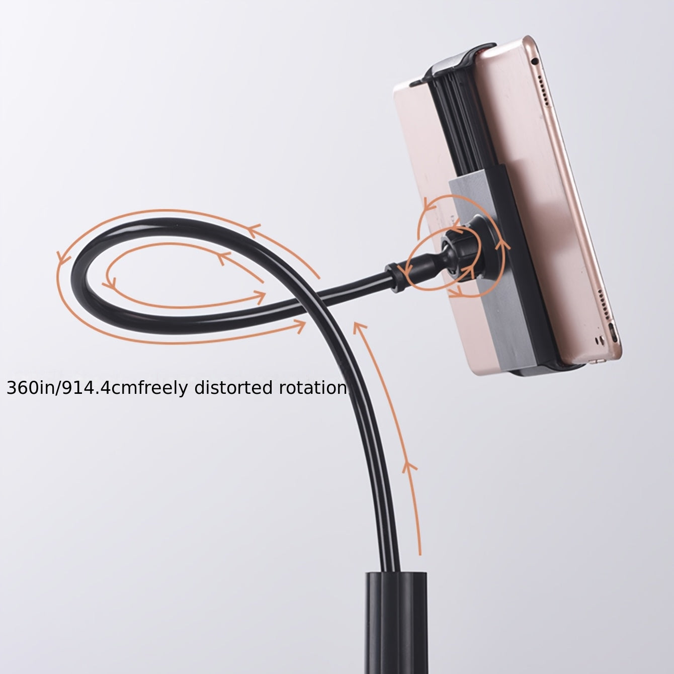 Black flexible ABS hose holder with a 360° adjustable clamp, securely holding a rose gold smartphone. Minimalist design.