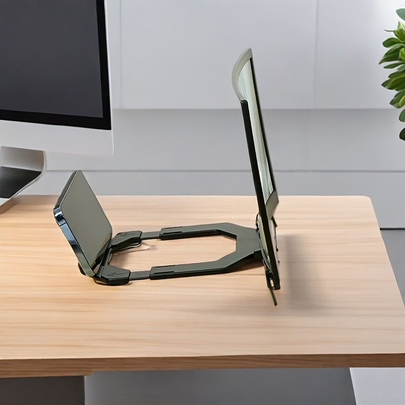 Sleek dark gray 12-inch foldable phone screen amplifier with stand on a wooden desk.