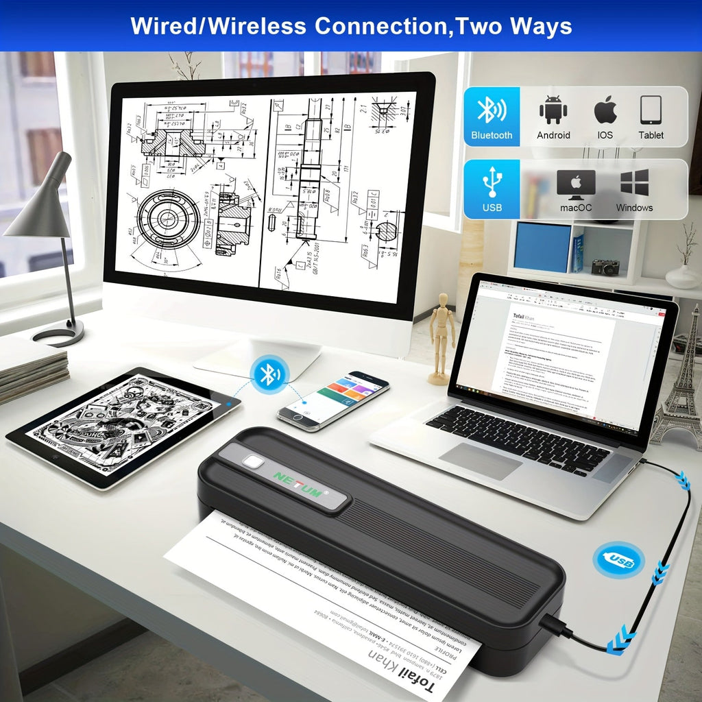 NETUM A4 Portable Thermal Printer - Wireless and USB Connection, Multi-Size Printing, Roll/Fold Paper Compatible, Ink-Free Monochrome Output, Supports PDF/Word/Excel/JPG, 203dpi High Definition Print, Built-in 2600mAh Recharg