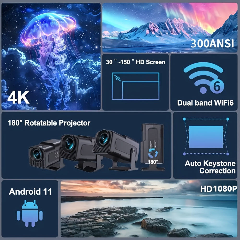[Ultra HD 4K Support] HY320mini, Smart 1080P Projector with WiFi6 and Wireless, 300ANSI Movie Projector, Built-in Speaker Projector, Built-in Android System, 180° Rotatable, with Remote Control, Compatible with Smartphones,