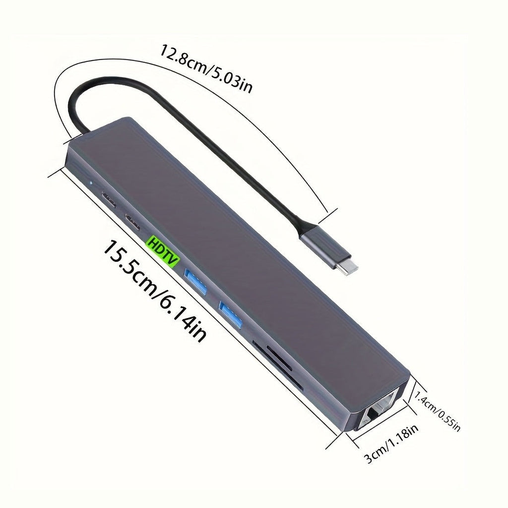 8-in-1 USB-C Hub, 4K HDTV, 100Mbps Ethernet Multi-Port Hub, 5Gbps USB-C and 2 USB-A Data Ports, PD 100W Charging, SD/TF Card Reader, LED Indicator, Compatible with MacBook, Dell, HP, Surface