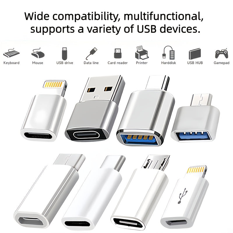 8pcs USB Type-C Adapter Set | USB-C to Lightning, Micro USB to USB-C, USB OTG, USB-C Male to USB 3.0 Female Adapters for Quick Charging and Data Transfer on Laptops and Phones